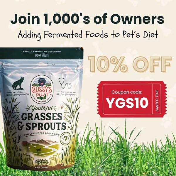 A 1:1 social-proof focused ad for a pet supplement, featuring a clear coupon code and brand trust markers.